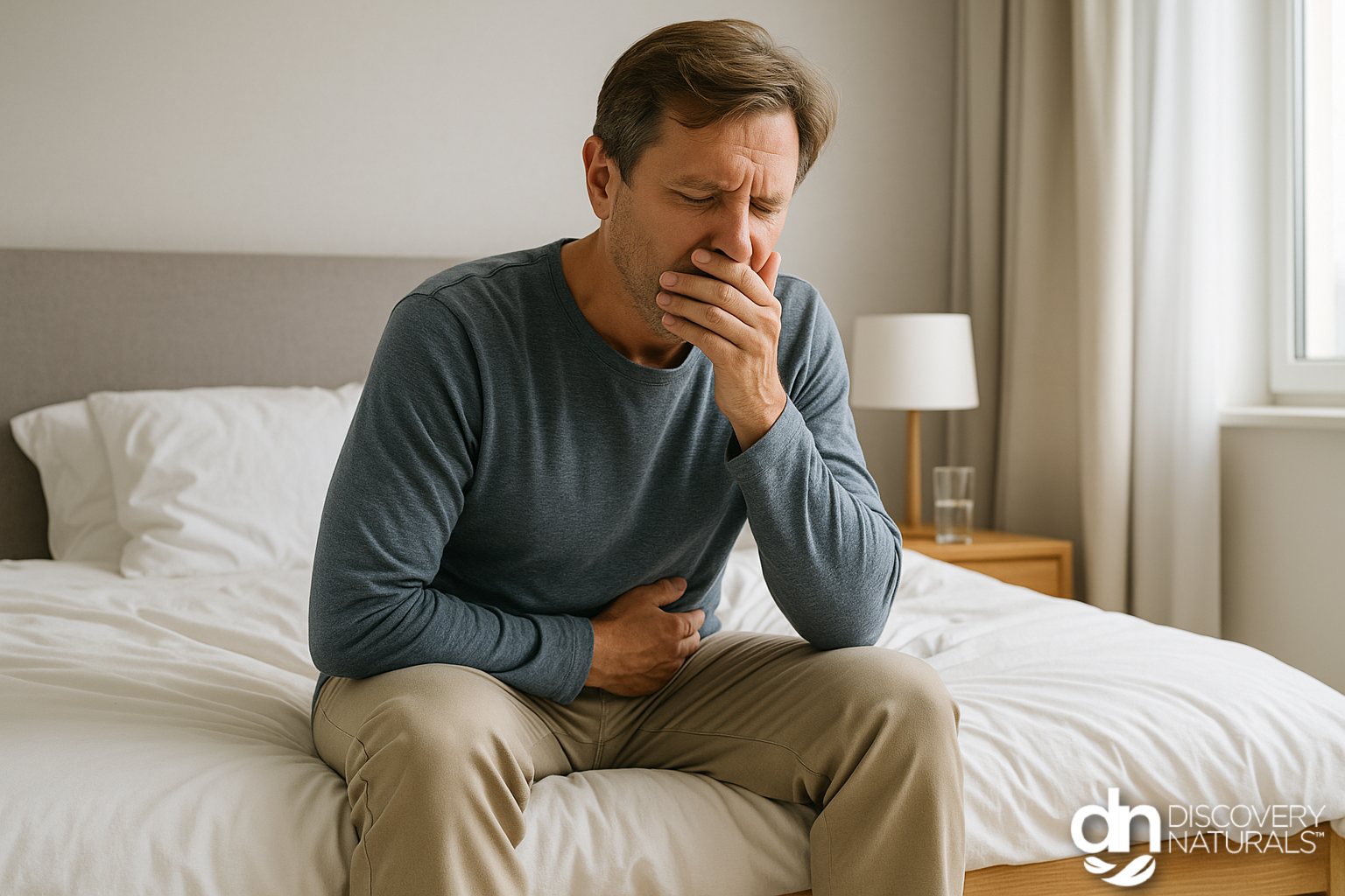 a man holding his stomach and mouth about side effects of these GLP-1.