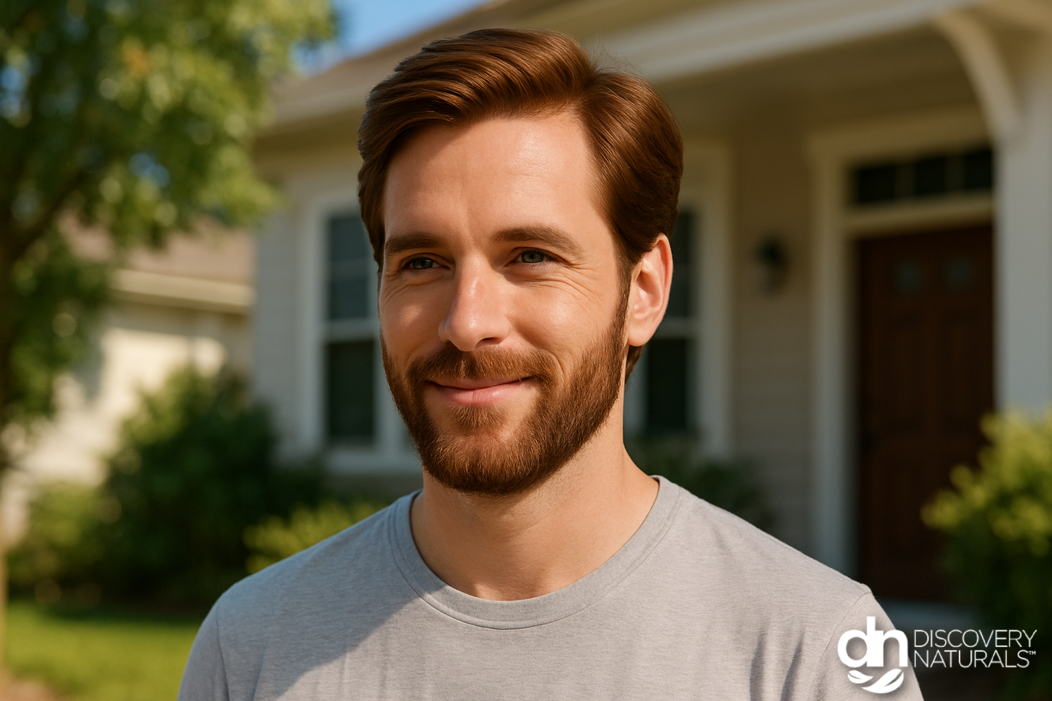 A man with chestnut medium brown hair dye by Discovery Naturals.
