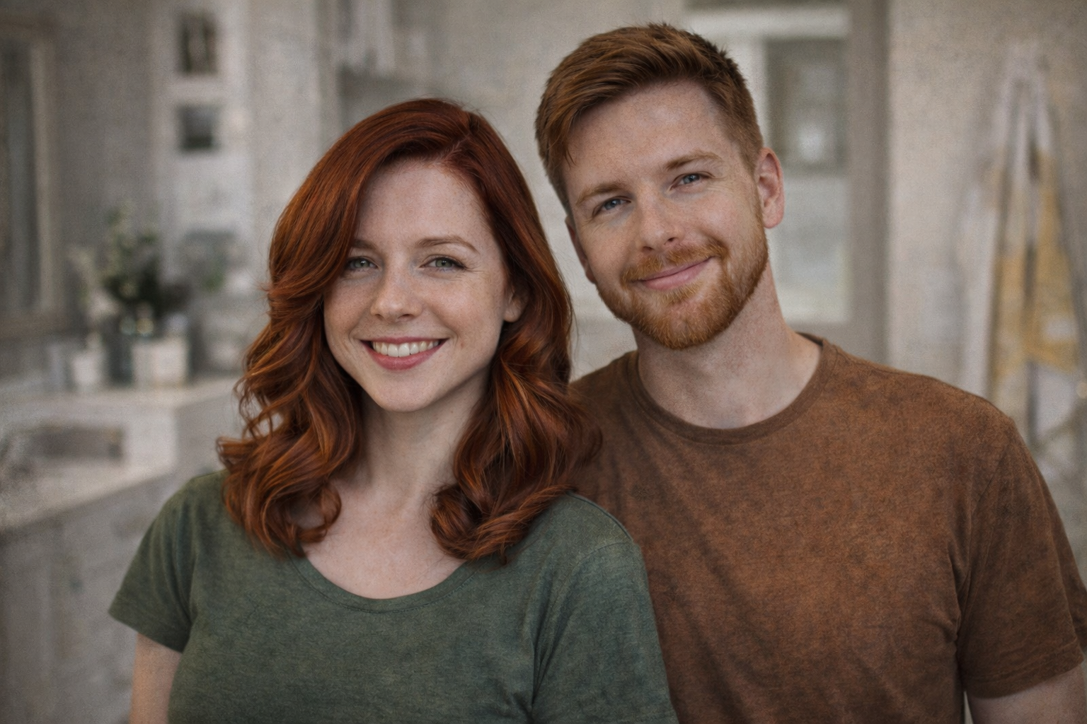 Man and woman with natural red and auburn hair standing in a bathroom after using henna hair dye