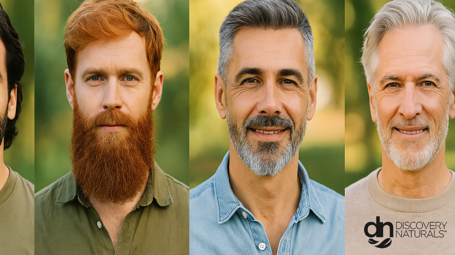 A group of men with different hair color choices by Discovery Naturals.