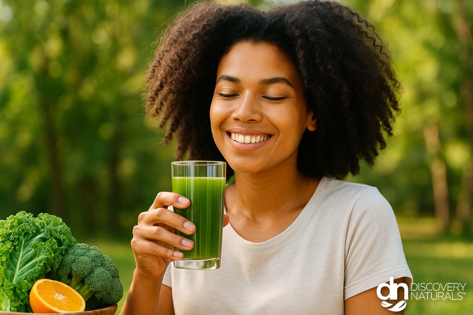 A woman drinking fresh juice outside with a big smile.