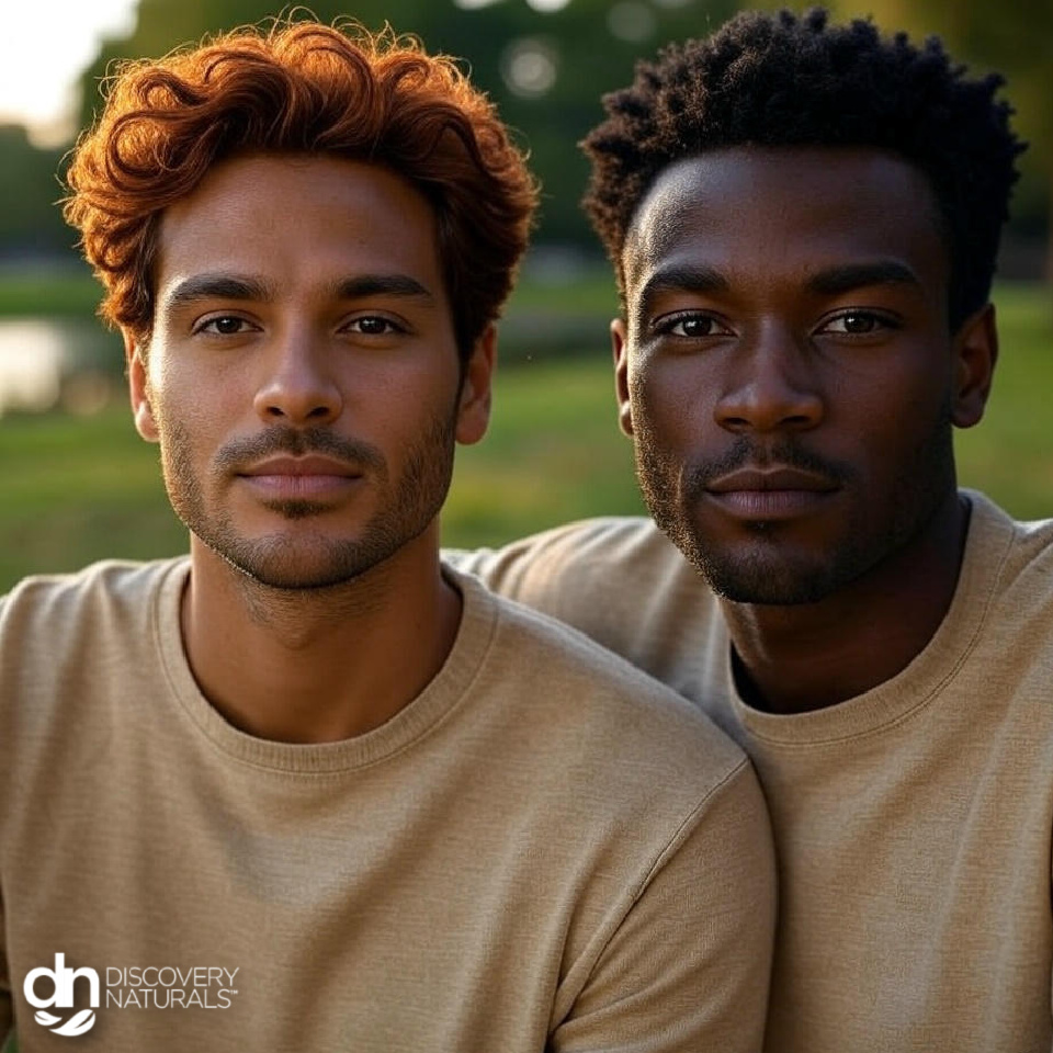 Two men with different skin tones and hair colors by Discovery Naturals.