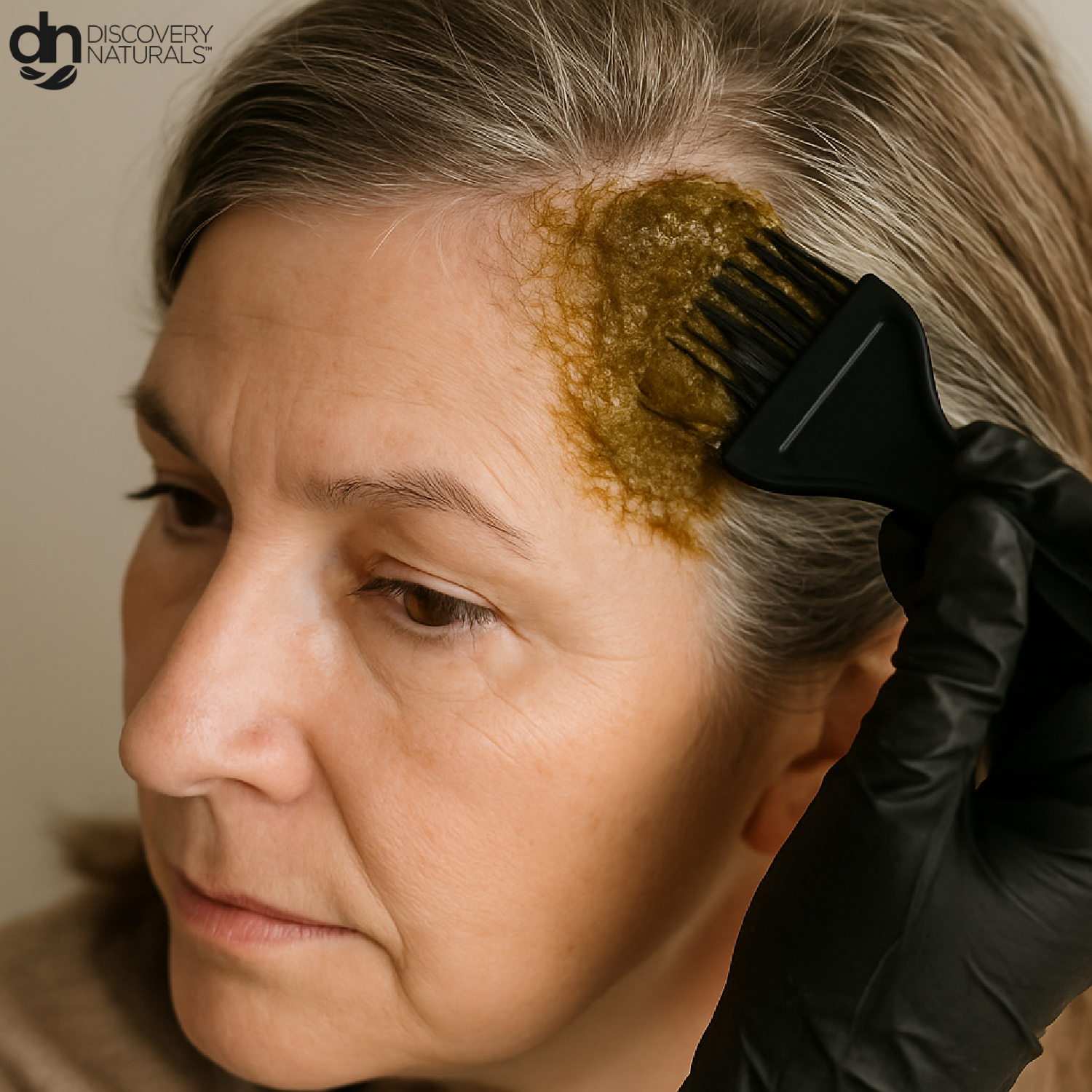 An older woman applying natural hair dye to her temple using Discovery Naturals.