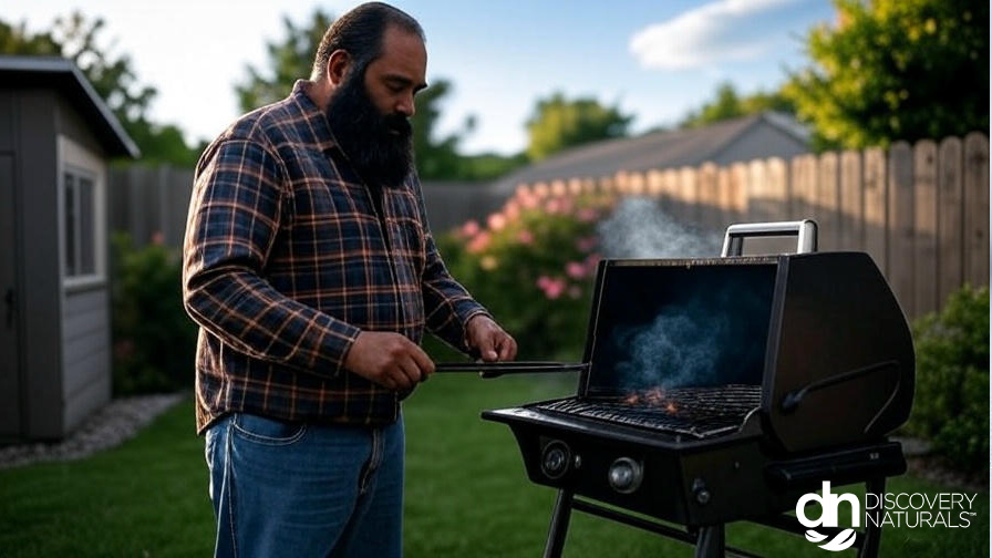 man with black beard grill in back yard.