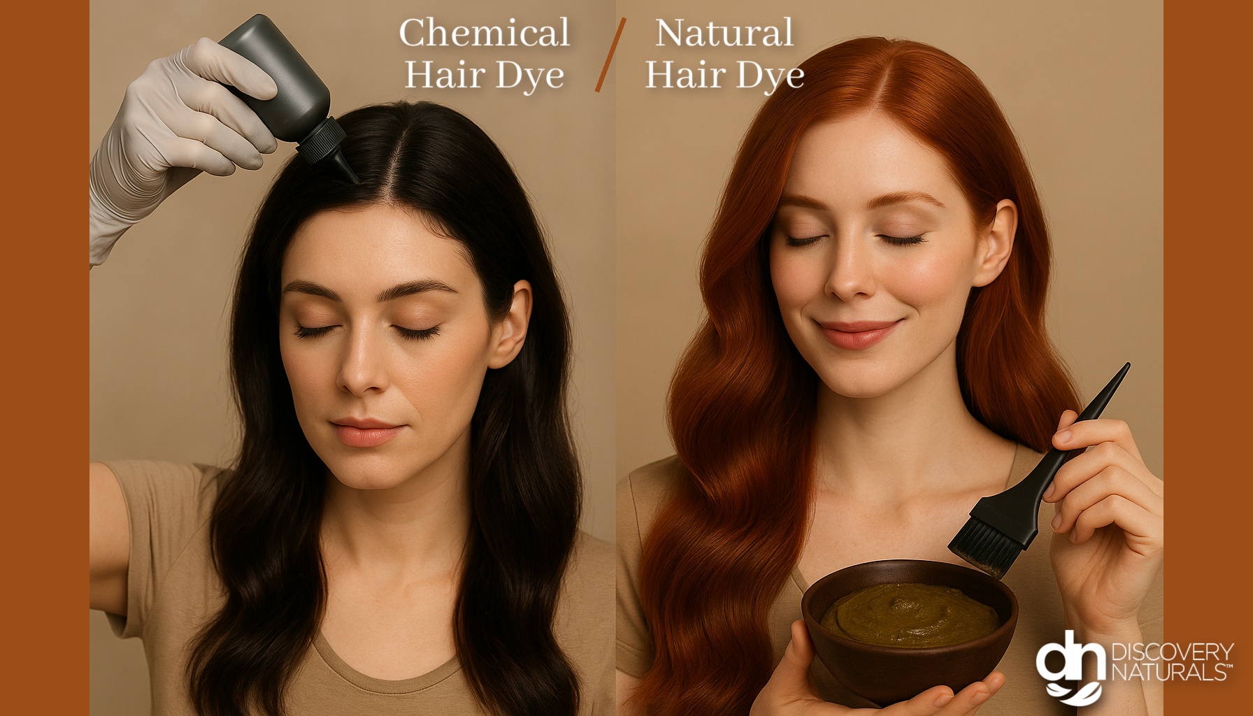 one woman using chemical hair dye and other woman using natural hair dye by Discovery Naturals.