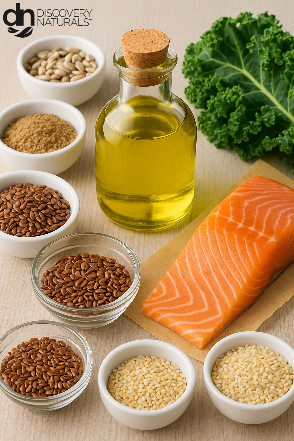 seeds, oils, and salmon showing healthier seed oils.