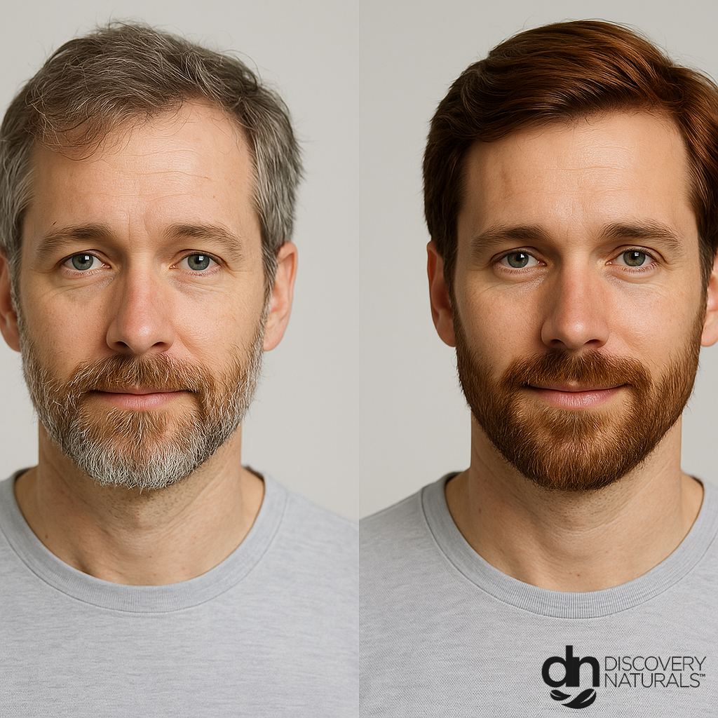 A before and after of the chestnut medium brown hair coloring by Discovery Naturals.