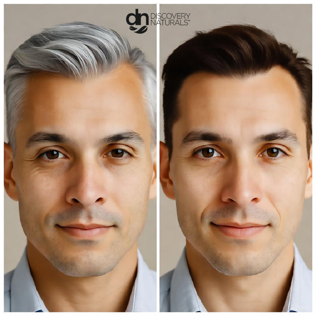 A before and after image of a man with gray hair after dying with Discovery Naturals hair color.