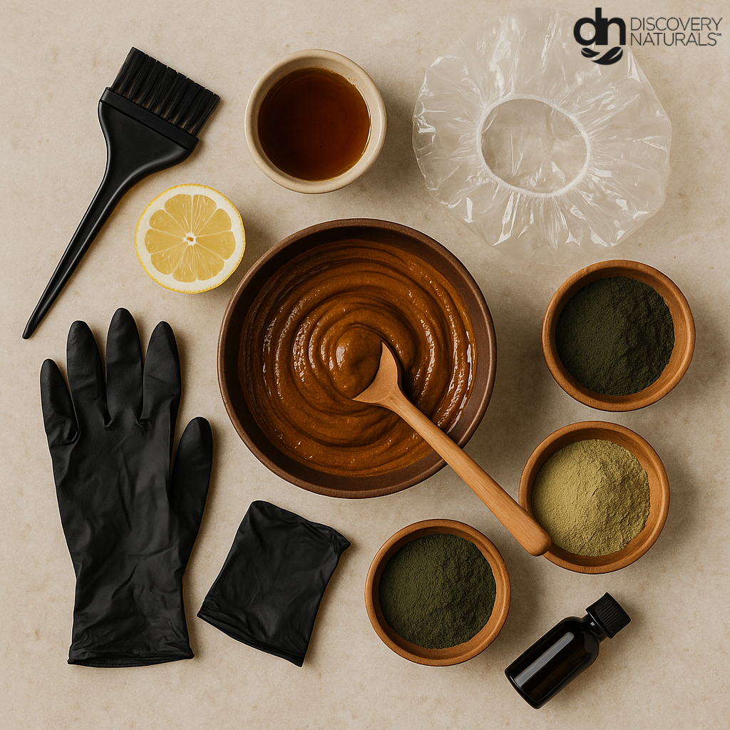 Henna paste in a bowl with tools to apply Discovery Naturals hair dye.