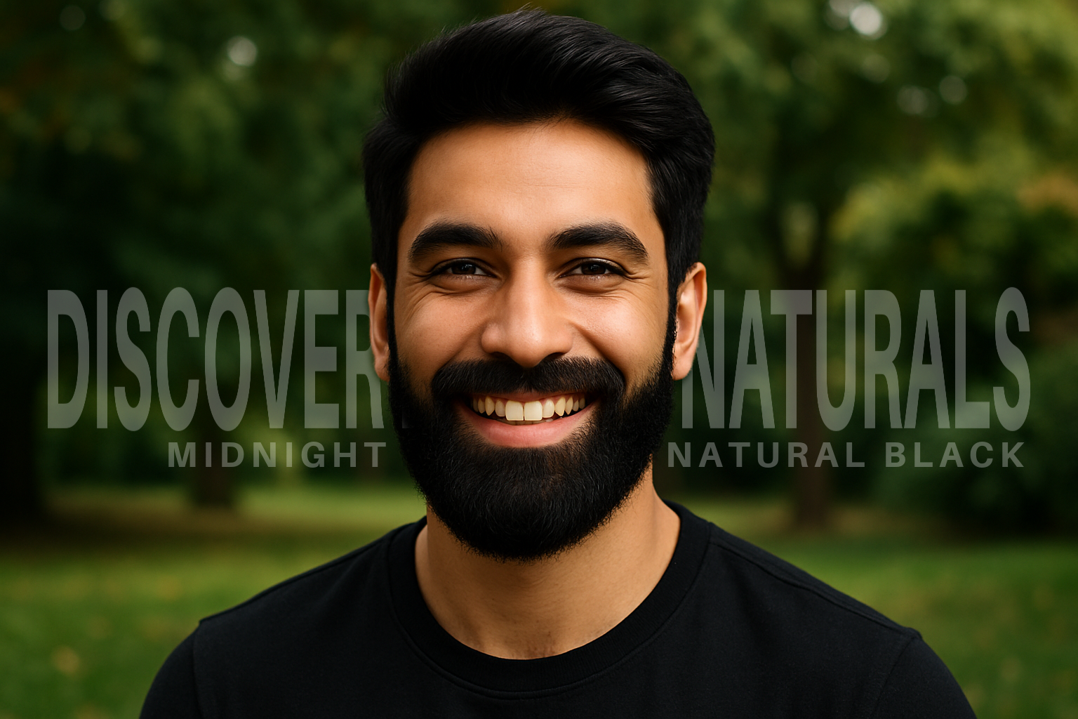 A man with midnight natural black hair color and beard dyed by Discovery Naturals.