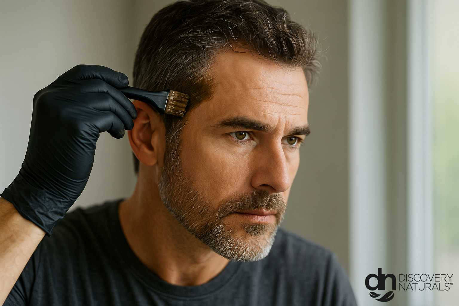 A man dying his sideburn with natural hair dye from Discovery Naturals.