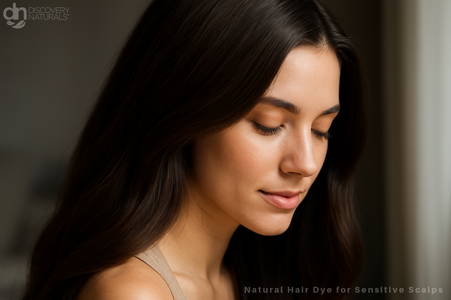 A woman with sensitive scalp dyes with Discovery Naturals hair color.