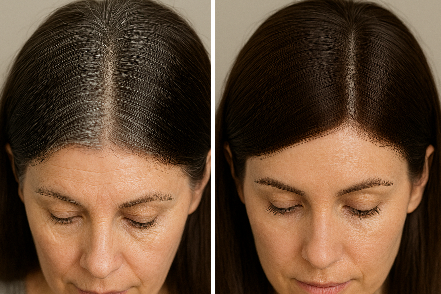 A woman with gray hair before and after applying Discovery Naturals hair dye.