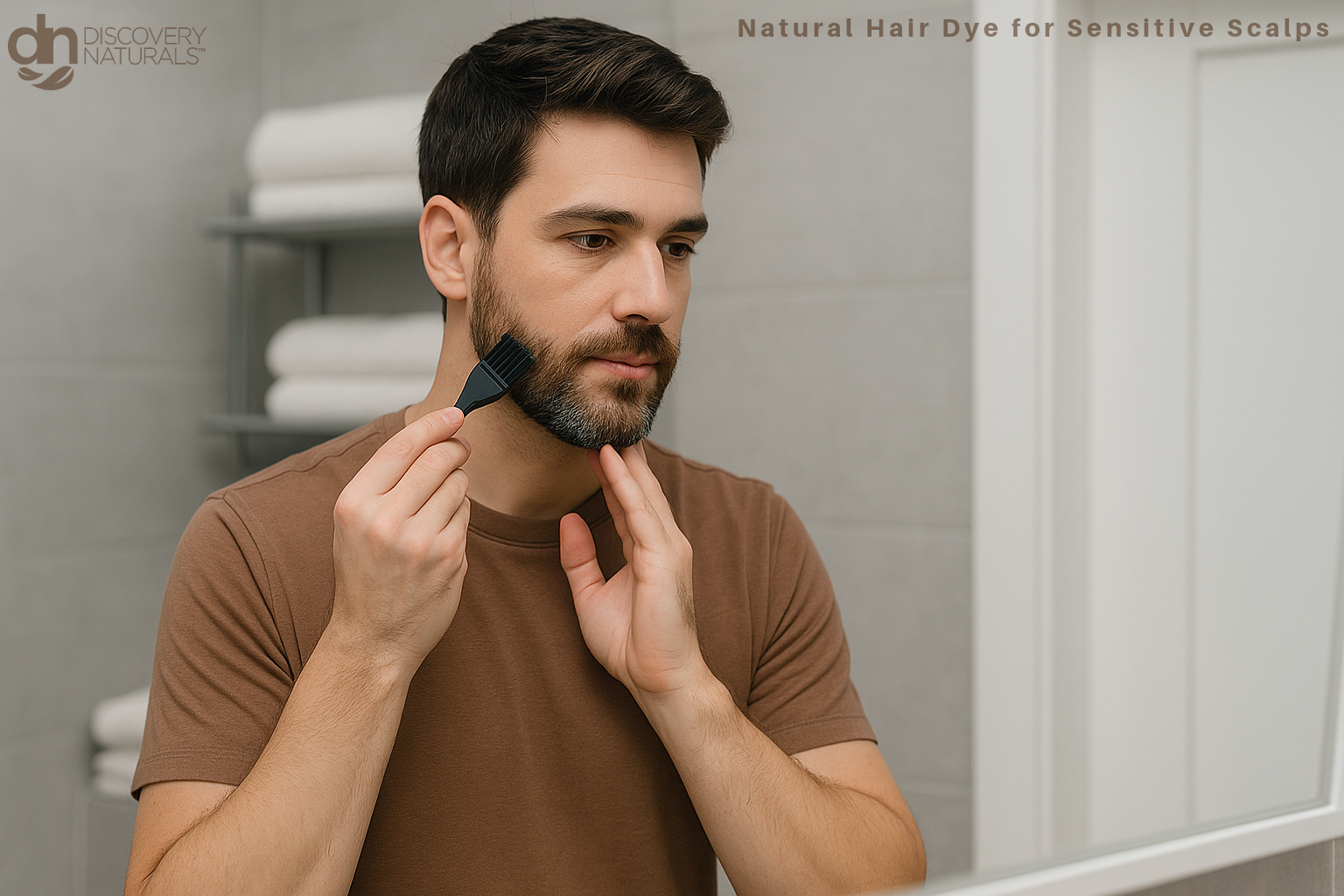 A man applying Discovery Naturals hair color to his beard.
