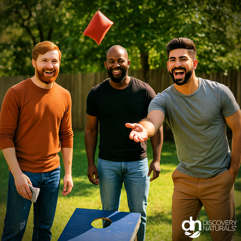group of men playing corn hole with a wide range of Discovery Naturals hair color.