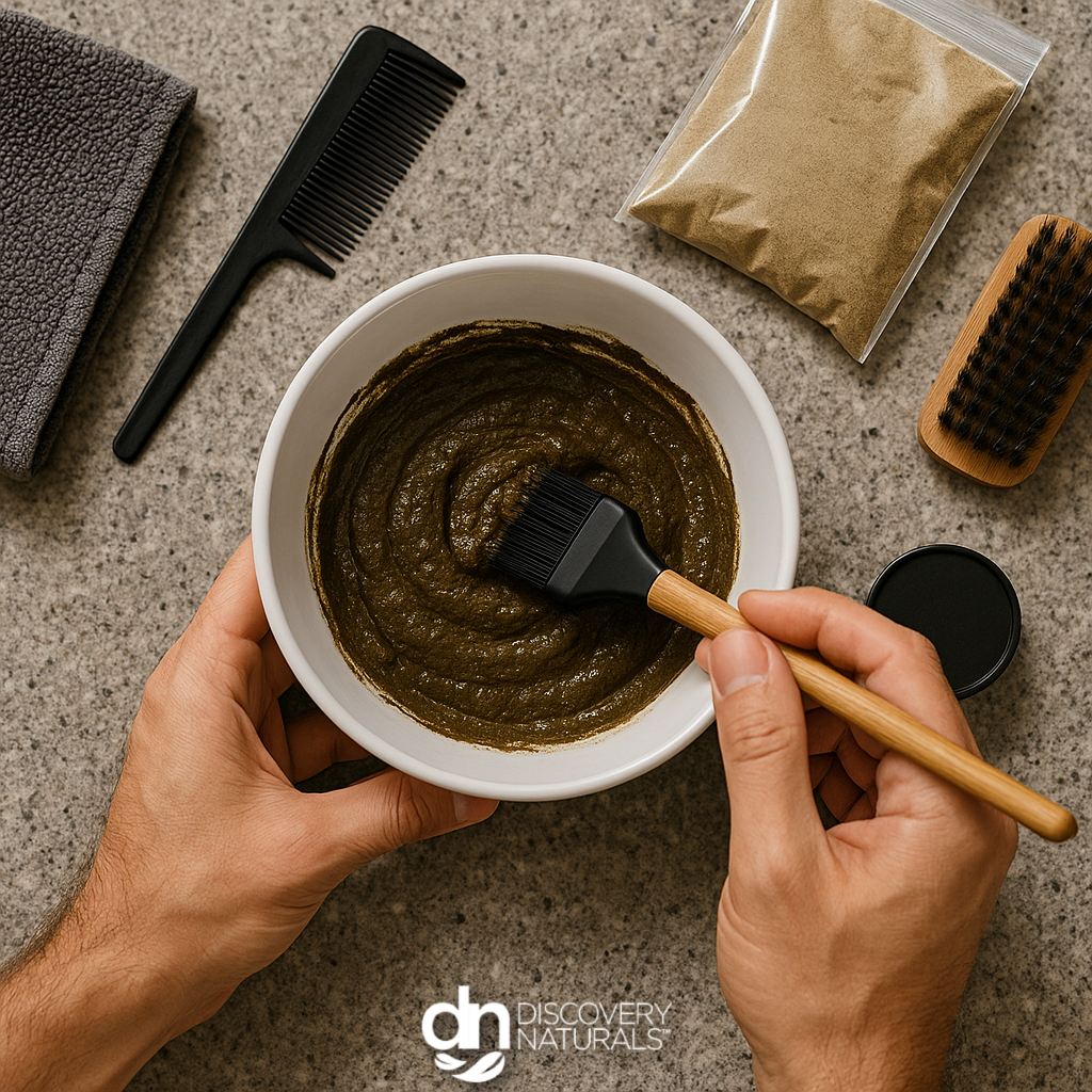 a bowl of henna paste hair dye from Discovery Naturals.