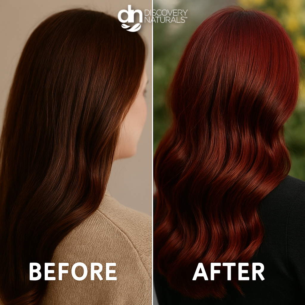 Before and after of dark red hair dyed by Discovery Naturals.