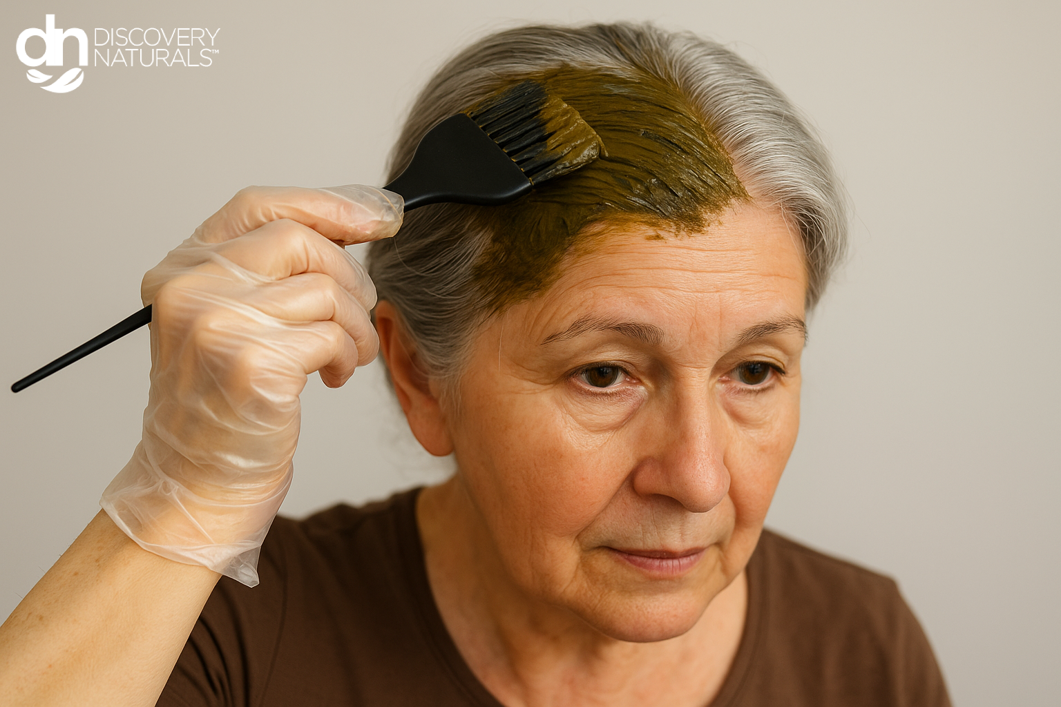 an older woman coloring her gray hair with Discovery Naturals hair dye.