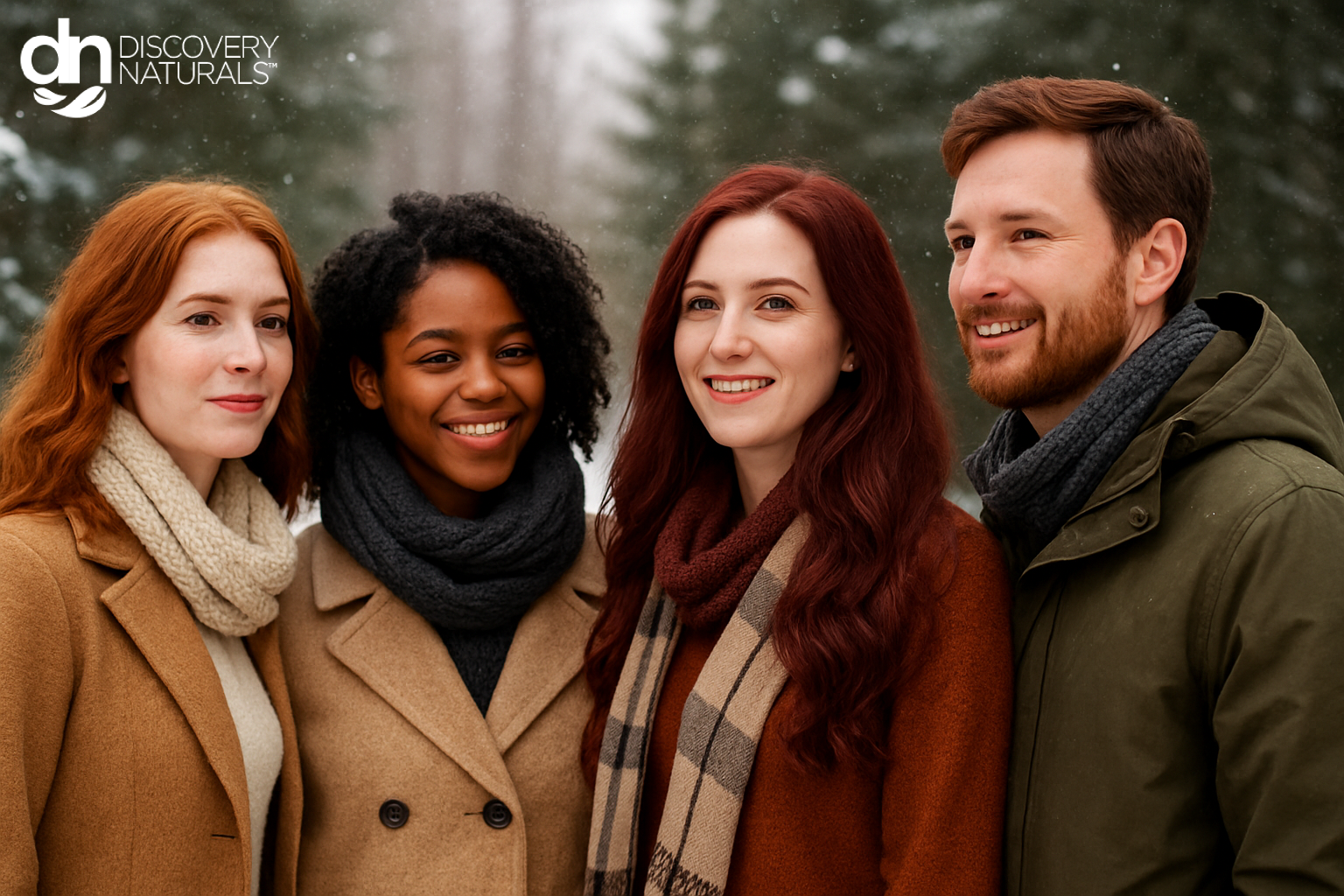 A great of people with warm hair color dyed with Discovery Naturals in the winter.